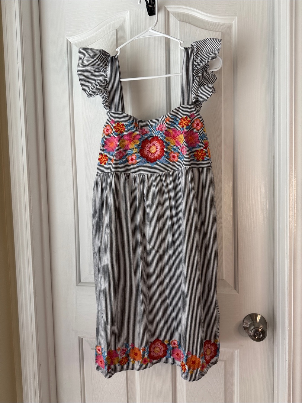 Savanna Jane Black & White Striped Dress with Bright Floral Embroidery